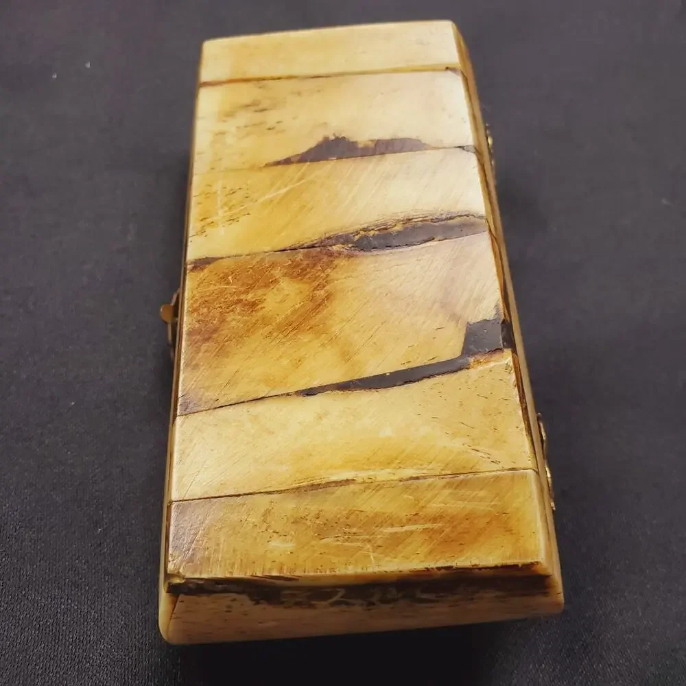 Vintage Camel Bone Jewelry Trinket Box - Brass Inlay Work Handmade Collectible